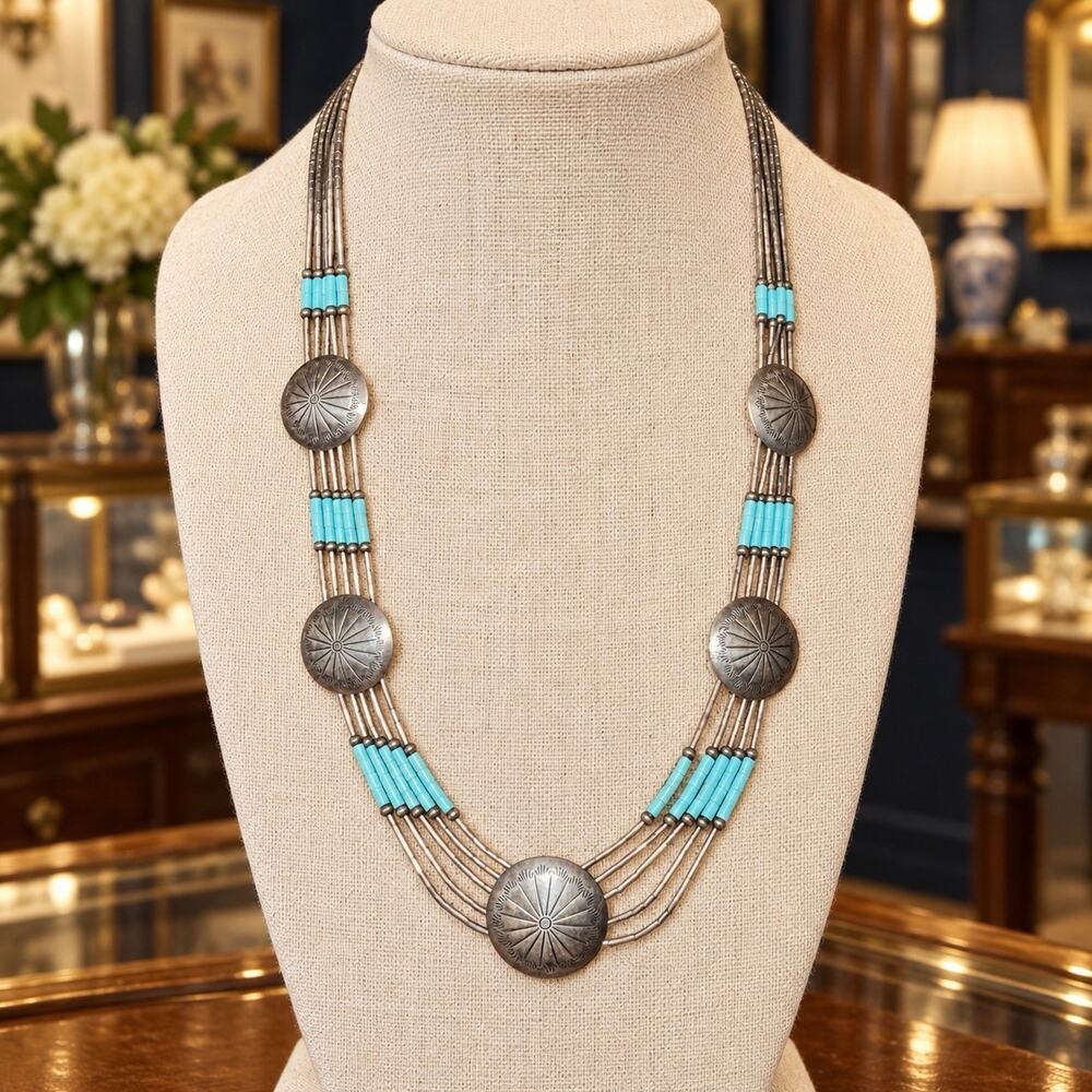 Vintage 5 Strand Liquid Sterling Silver Turquoise Necklace (Navajo)